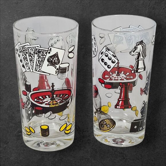 Vintage Hazel Atlas Rumpus Room Casino Glasses Set of 2 Poker Dice Cards Barware - Picture 2 of 8